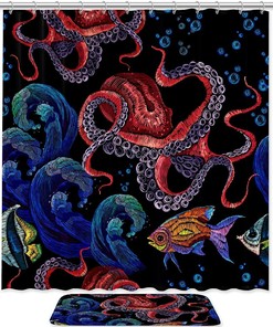 Ocean Octopus Fish Red and Gold Embroidery Shower Curtain for Bathroom