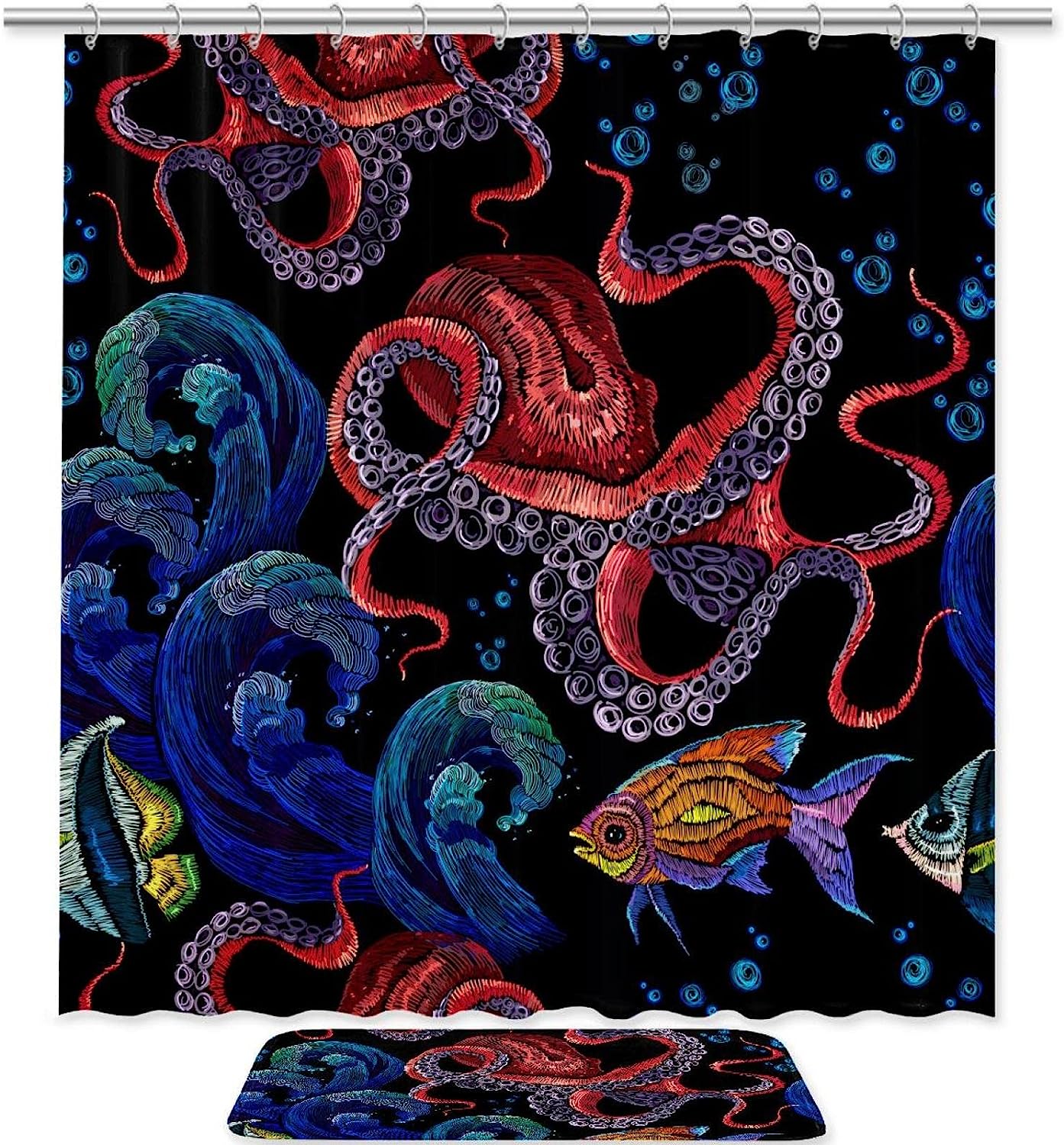 Ocean Octopus Fish Red and Gold Embroidery Shower Curtain for Bathroom