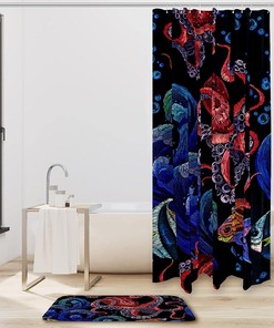 Ocean Octopus Fish Red and Gold Embroidery Shower Curtain for Bathroom