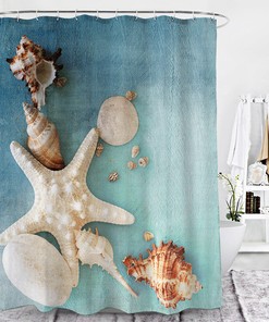 Ocean Print Starfish Seashells Conch Bathroom Shower Curtain 