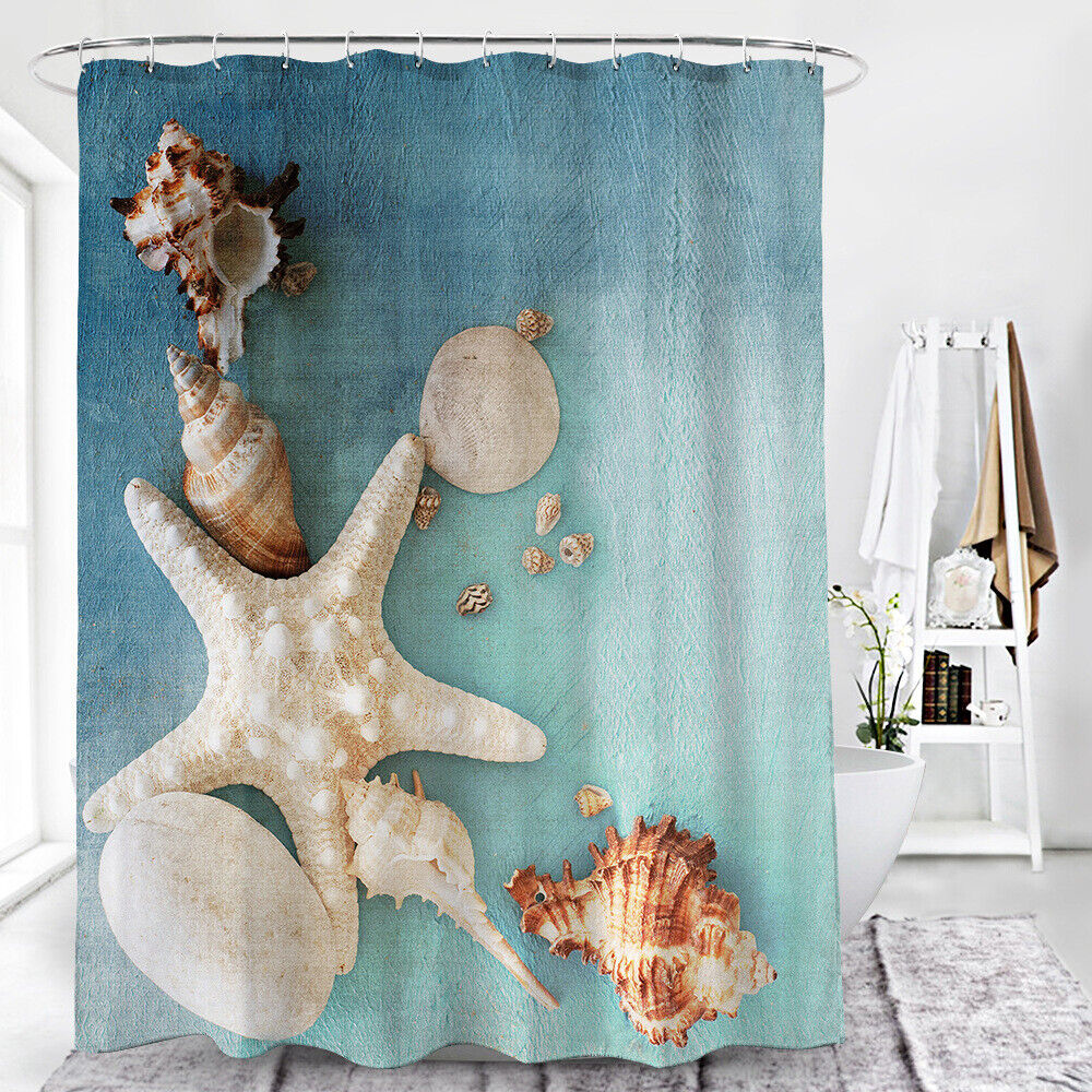Ocean Print Starfish Seashells Conch Bathroom Shower Curtain