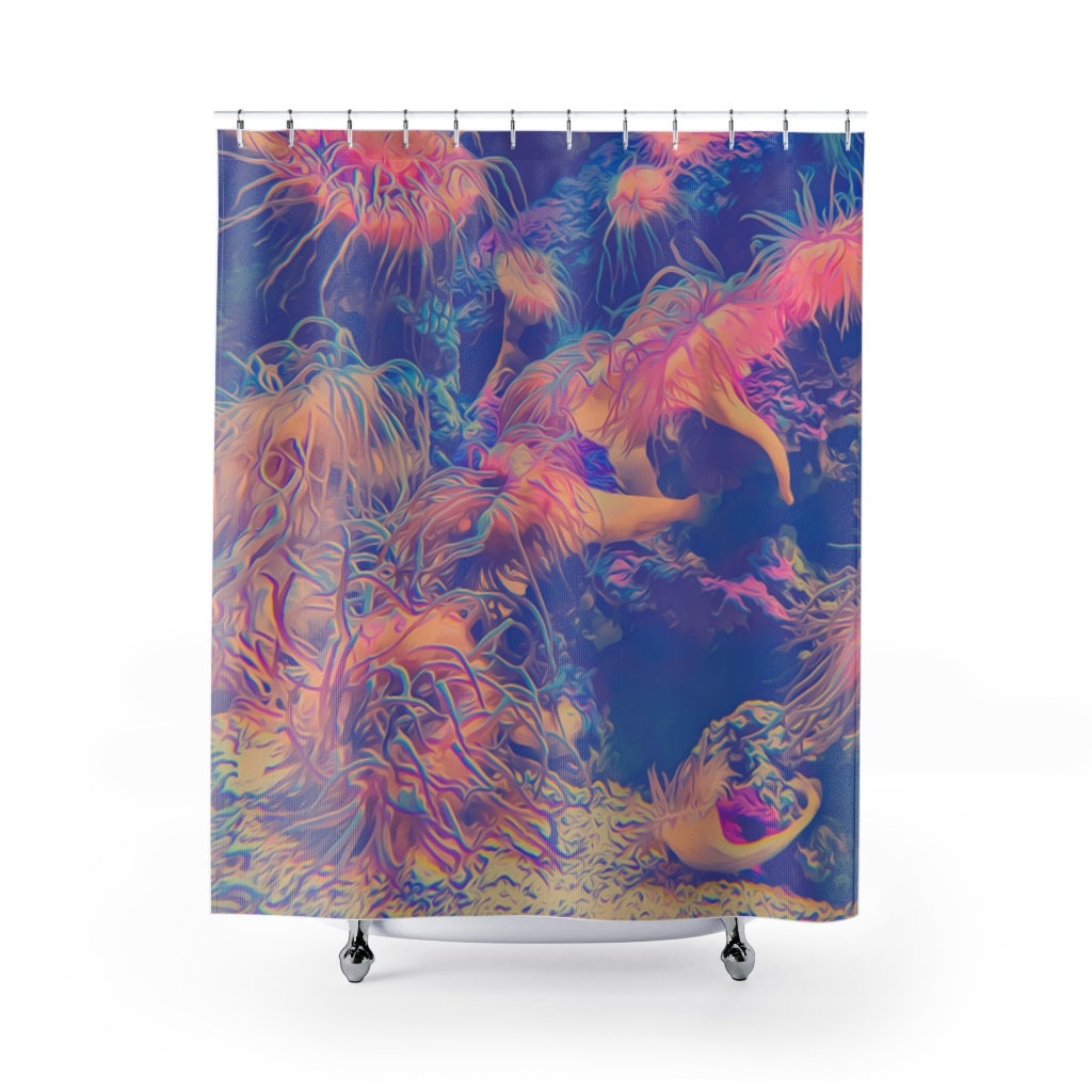 Ocean Reef Shower Curtain with Tropical Fish and Anemone Print