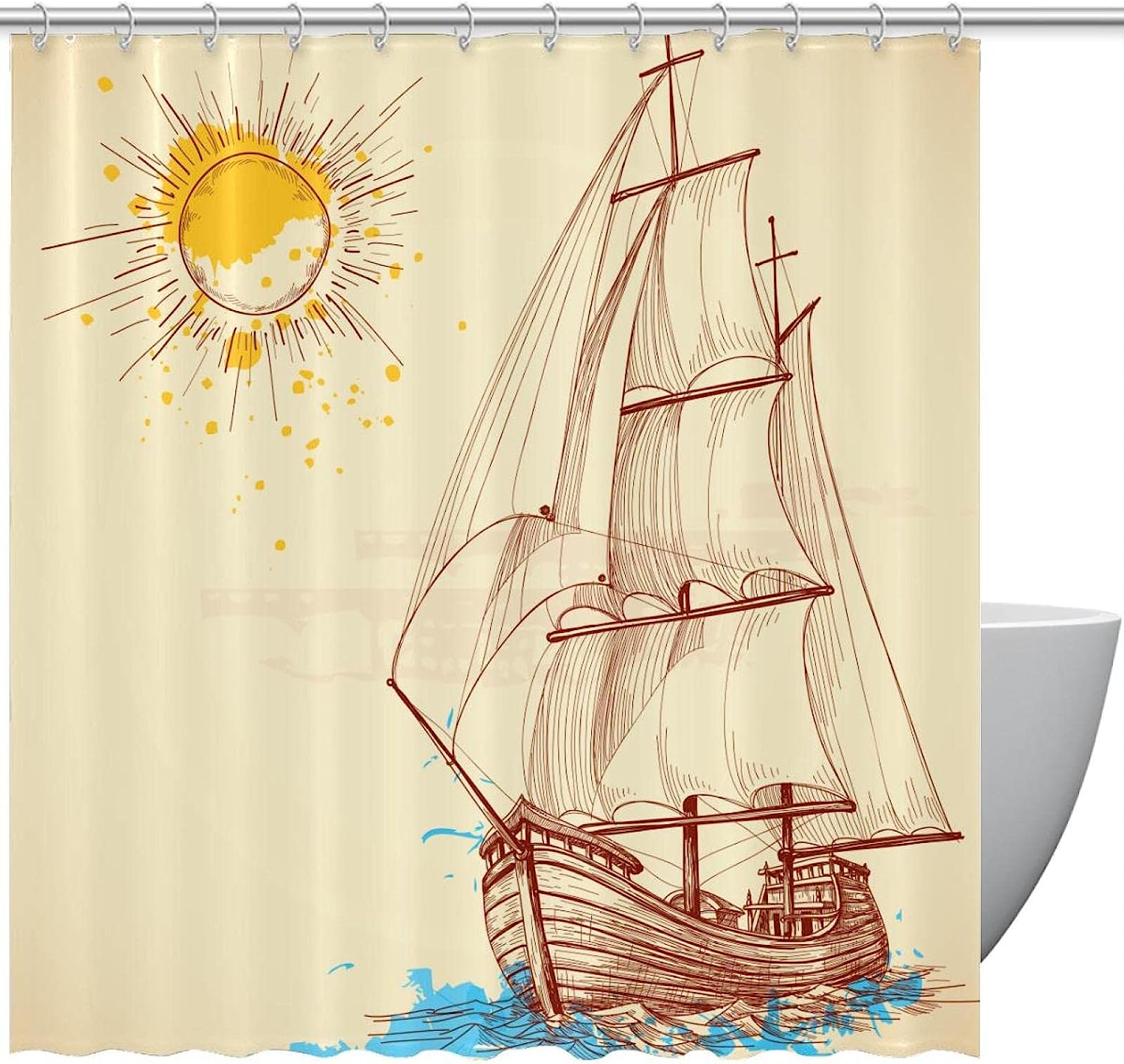 Ocean Sailing Sun Painting Fabric Shower Curtain for Bathroom Decor