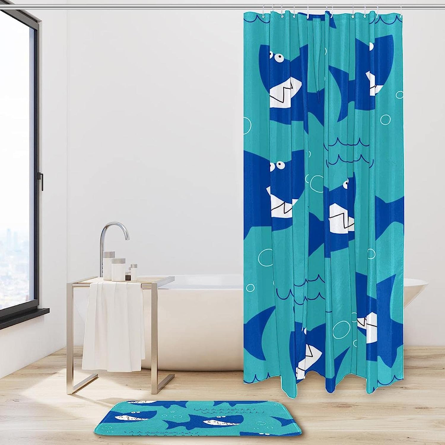 Ocean Sea Shark Pattern Shower Curtain with Waterproof Fabric for Bathroom Decor