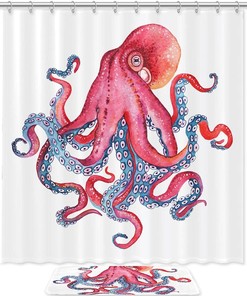 Ocean Sea Whale and Octopus Print Shower Curtain with Matching Mat for Bathroom