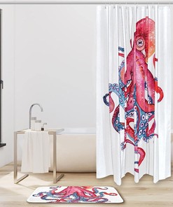 Ocean Sea Whale and Octopus Print Shower Curtain with Matching Mat for Bathroom