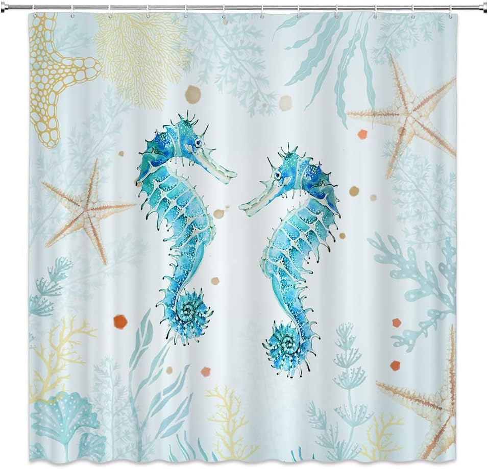Ocean Seahorse Shower Curtain with Underwater Watercolor Marine Theme for Boys and Girls Bathroom