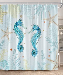 Ocean Seahorse Shower Curtain with Underwater Watercolor Marine Theme for Boys and Girls Bathroom
