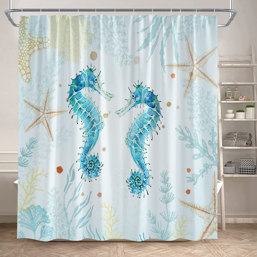 Ocean Seahorse Shower Curtain with Underwater Watercolor Marine Theme for Boys and Girls Bathroom