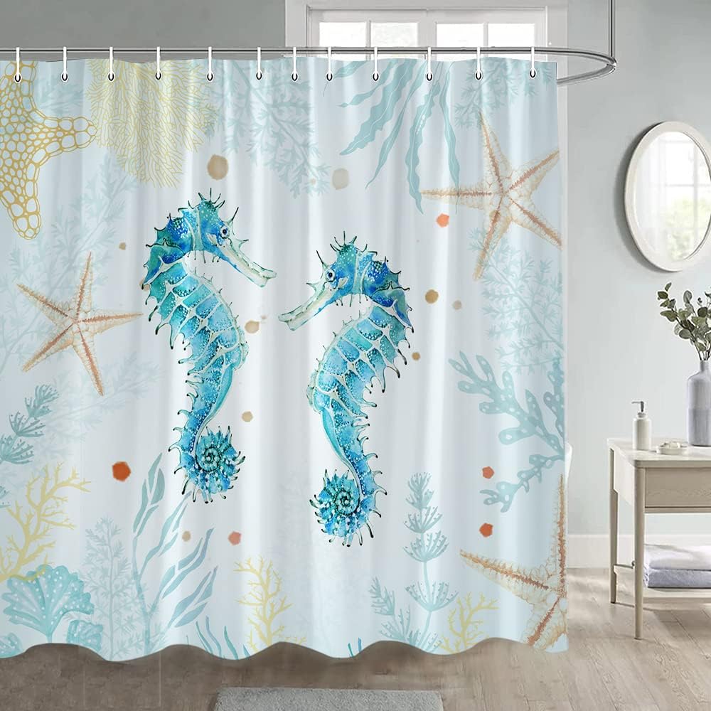 Ocean Seahorse Shower Curtain with Underwater Watercolor Marine Theme for Boys and Girls Bathroom