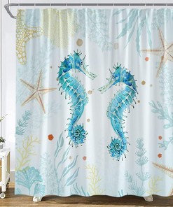 Ocean Seahorse Shower Curtain with Underwater Watercolor Marine Theme for Boys and Girls Bathroom