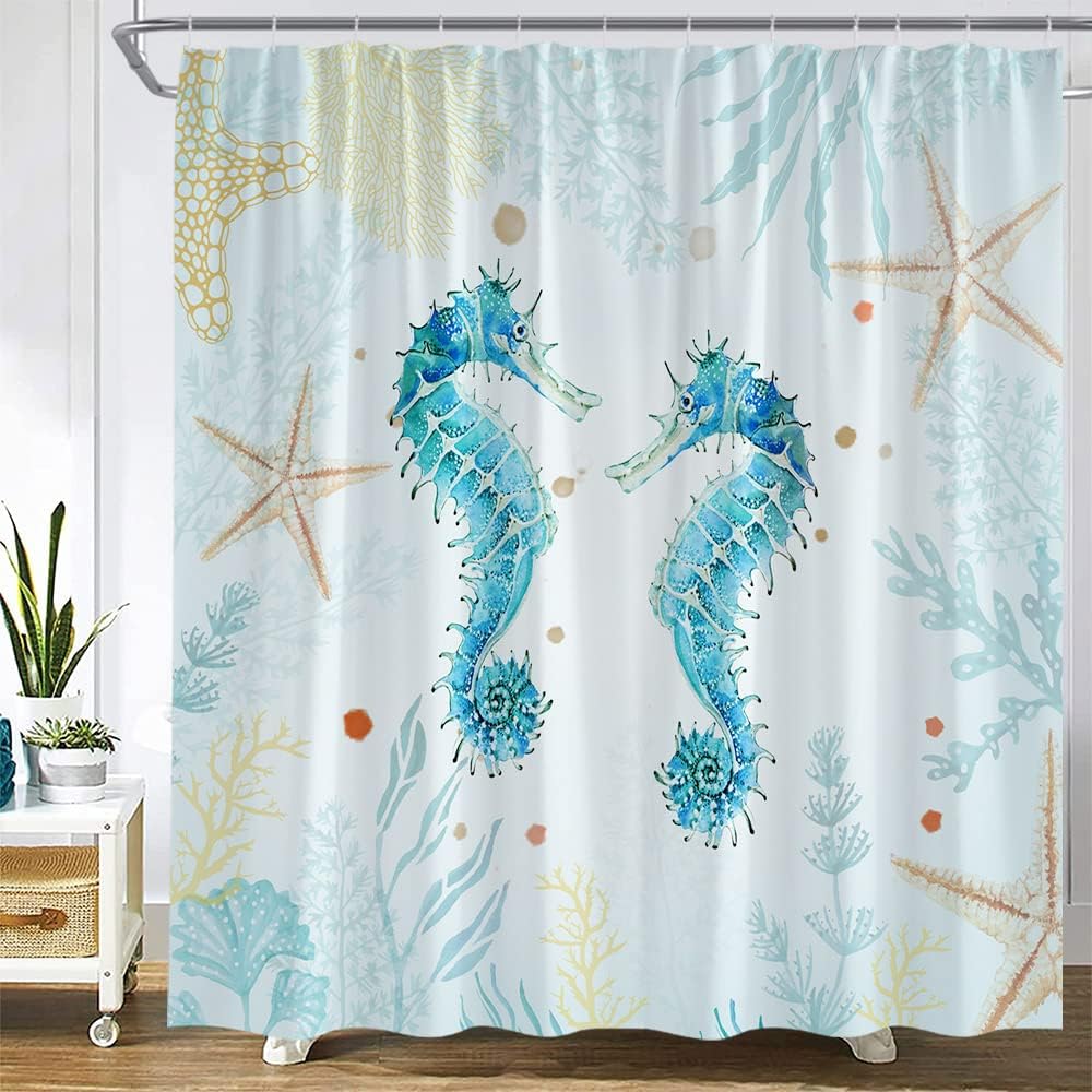 Ocean Seahorse Shower Curtain with Underwater Watercolor Marine Theme for Boys and Girls Bathroom