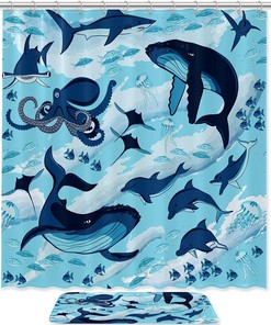 Ocean Shark Blue Octopus Printed Bathroom Tub Set With Waterproof Fabric Shower Curtain