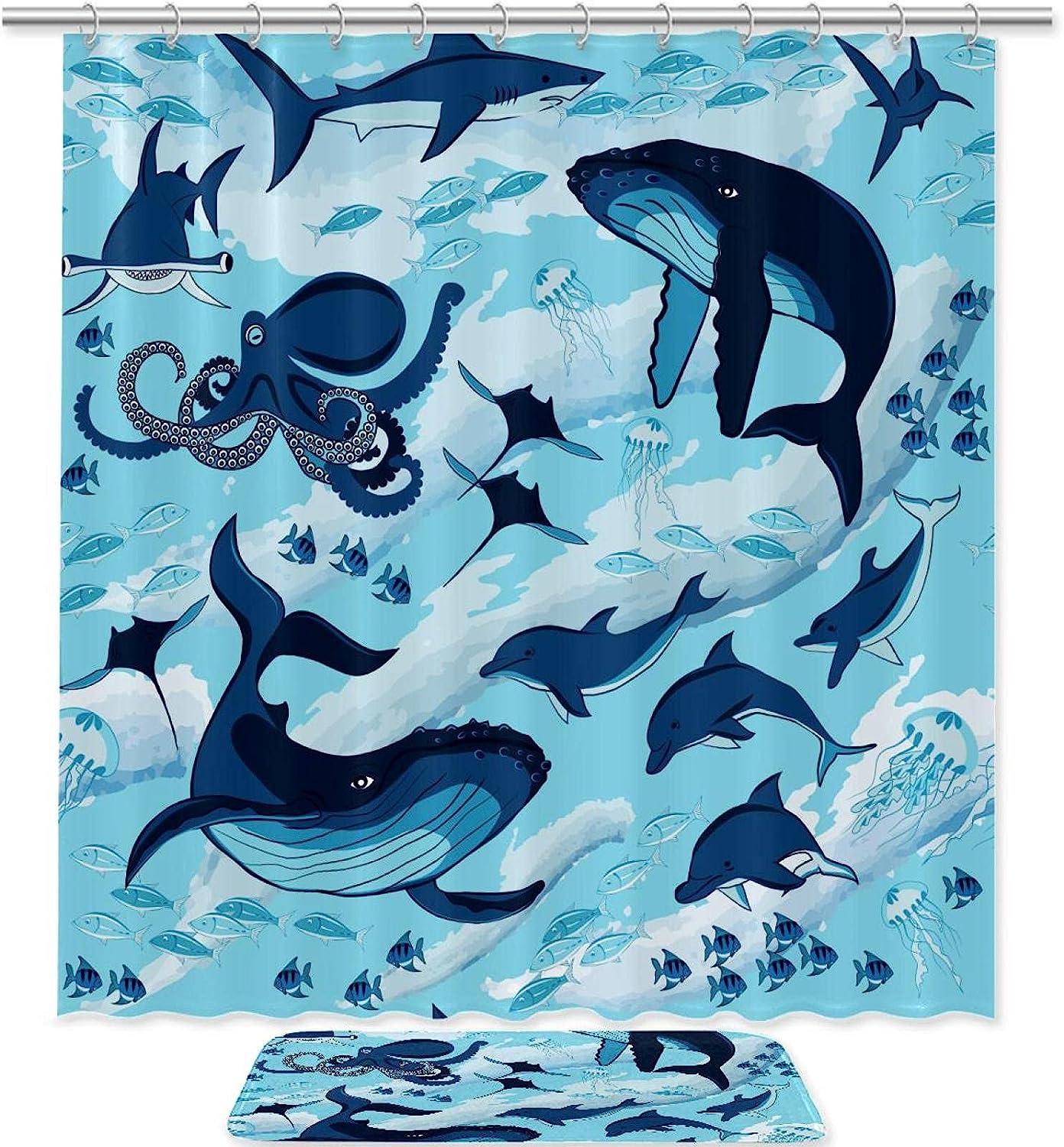 Ocean Shark Blue Octopus Printed Bathroom Tub Set With Waterproof Fabric Shower Curtain