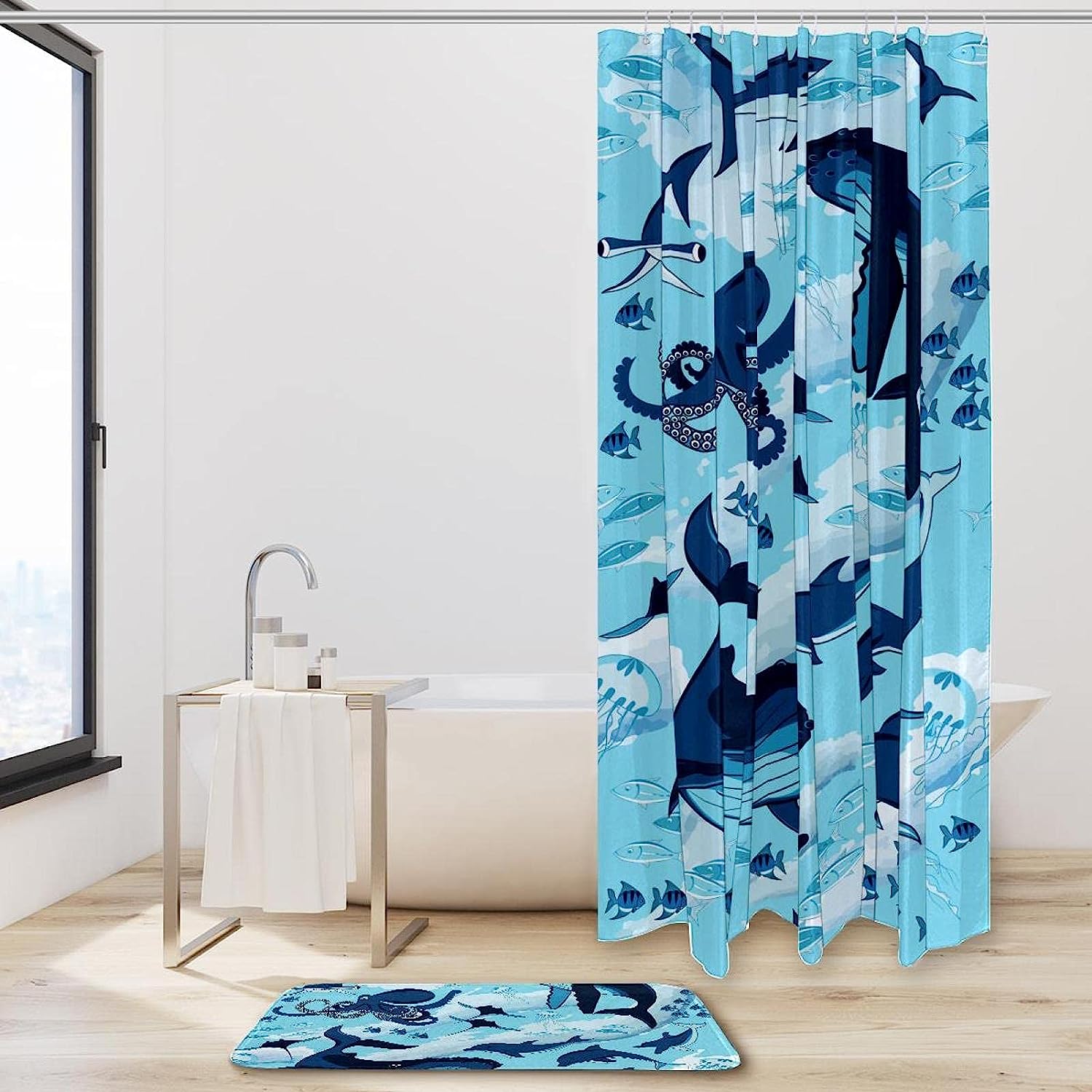 Ocean Shark Blue Octopus Printed Bathroom Tub Set With Waterproof Fabric Shower Curtain - Image 2