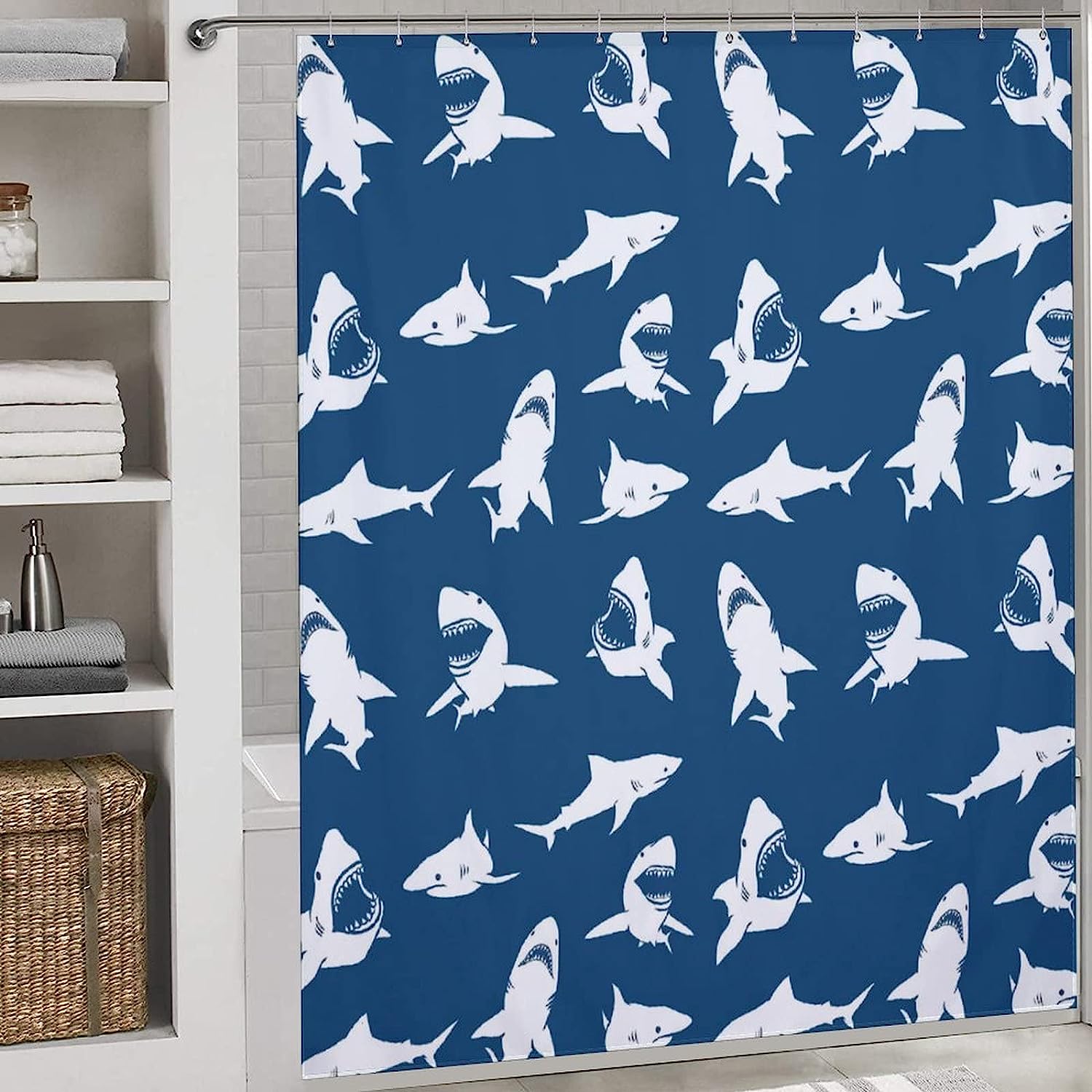 Ocean Shark Fabric Shower Curtain For A Fun Bathroom Look