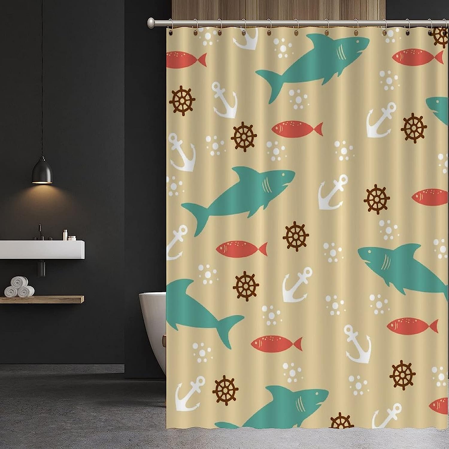 Ocean Sharks Anchor Shower Curtain - Custom Durable Fabric - Image 3