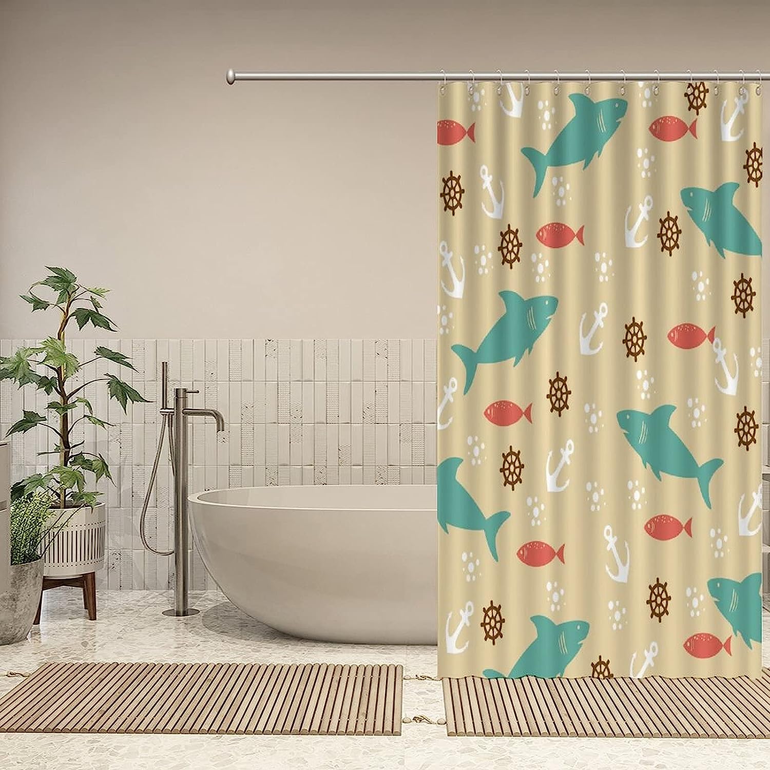 Ocean Sharks Anchor Shower Curtain - Custom Durable Fabric - Image 4