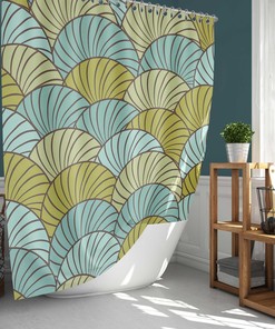 Ocean Shore Seashell Fabric Shower Curtain in Blue and Green - Beach Bathroom Decor