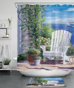 Ocean Shower Curtain with Seaside Garden Flower Green Plant Print - Beach Theme Bathroom Decor
