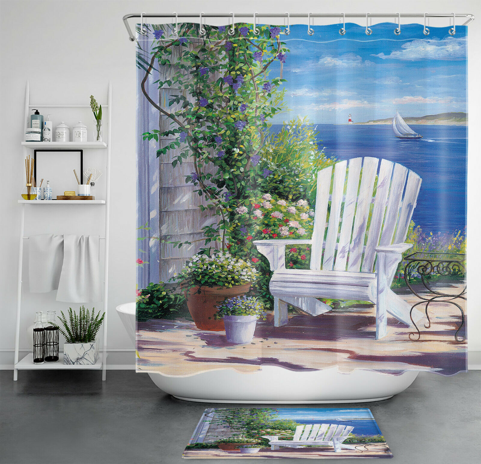 Ocean Shower Curtain with Seaside Garden Flower Green Plant Print - Beach Theme Bathroom Decor