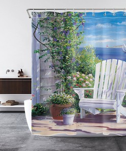 Ocean Shower Curtain with Seaside Garden Flower Green Plant Print - Beach Theme Bathroom Decor