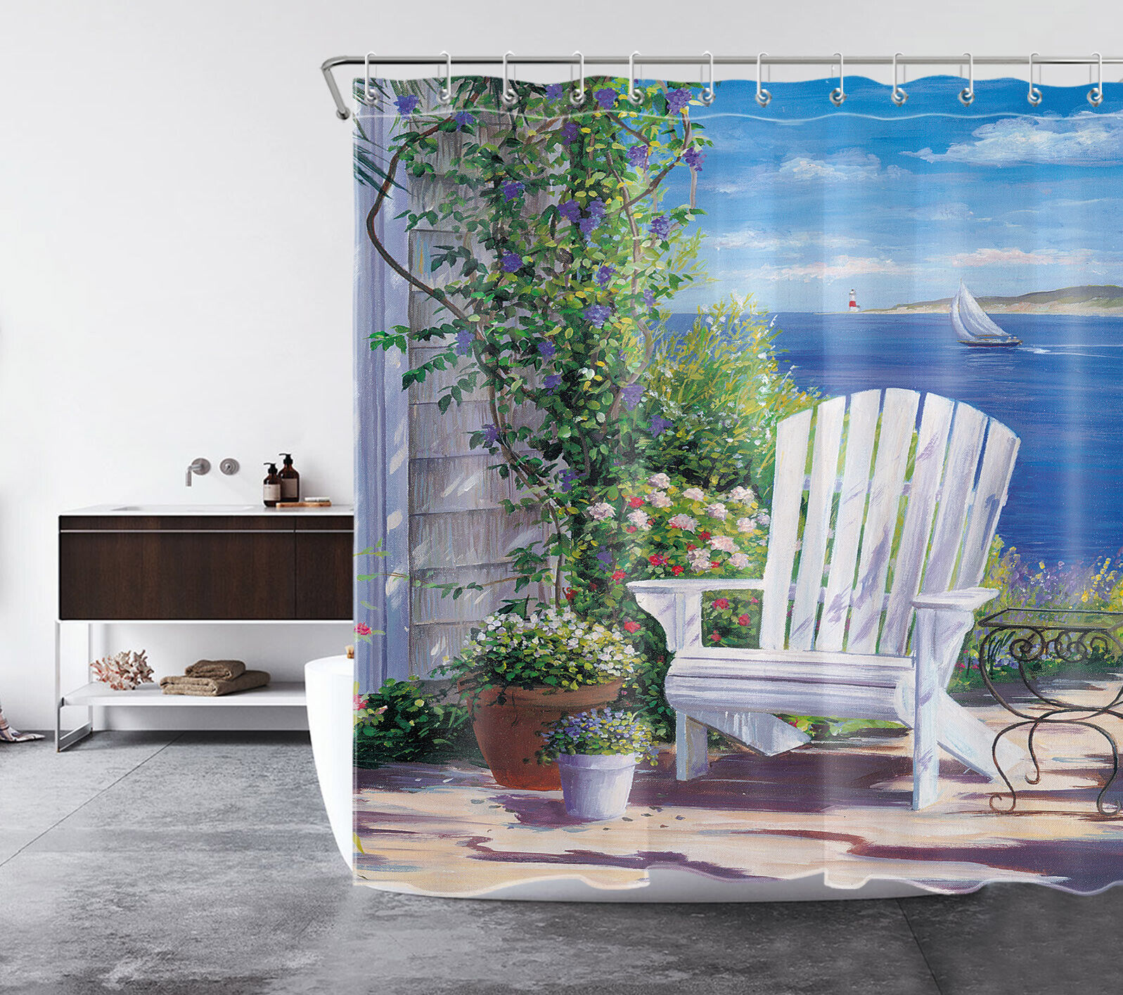 Ocean Shower Curtain with Seaside Garden Flower Green Plant Print - Beach Theme Bathroom Decor