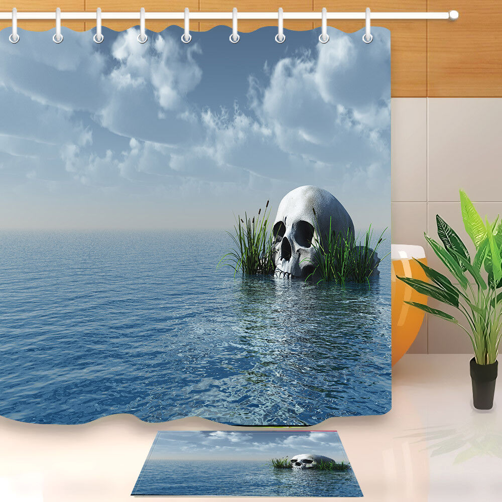 Ocean Skull Fabric Shower Curtain - Coastal Skull Bathroom Decor