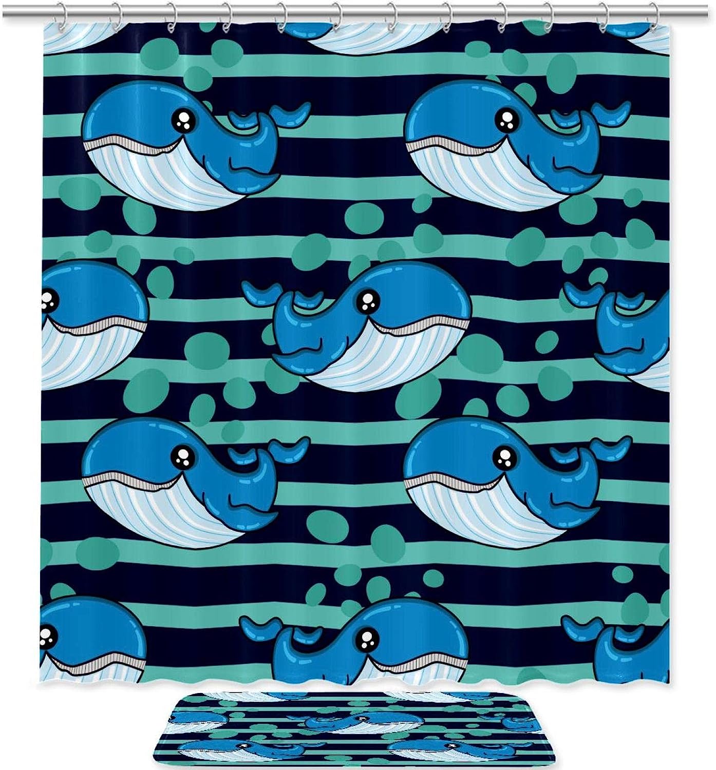 Ocean Stripe Whale Shower Curtain with Waterproof Material for a Relaxing Bathroom