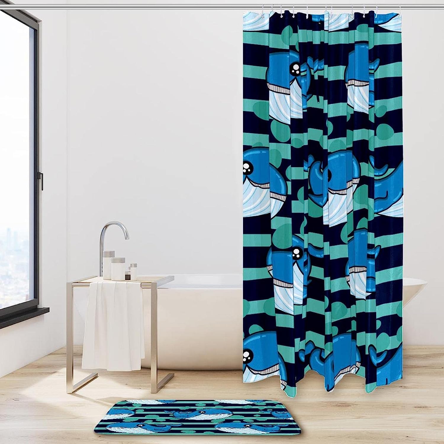 Ocean Stripe Whale Shower Curtain with Waterproof Material for a Relaxing Bathroom