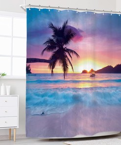 Ocean Sunrise Tropical Palm Tree Hawaiian Sunset Coastal Scenery Print Shower Curtain by Riyidecor