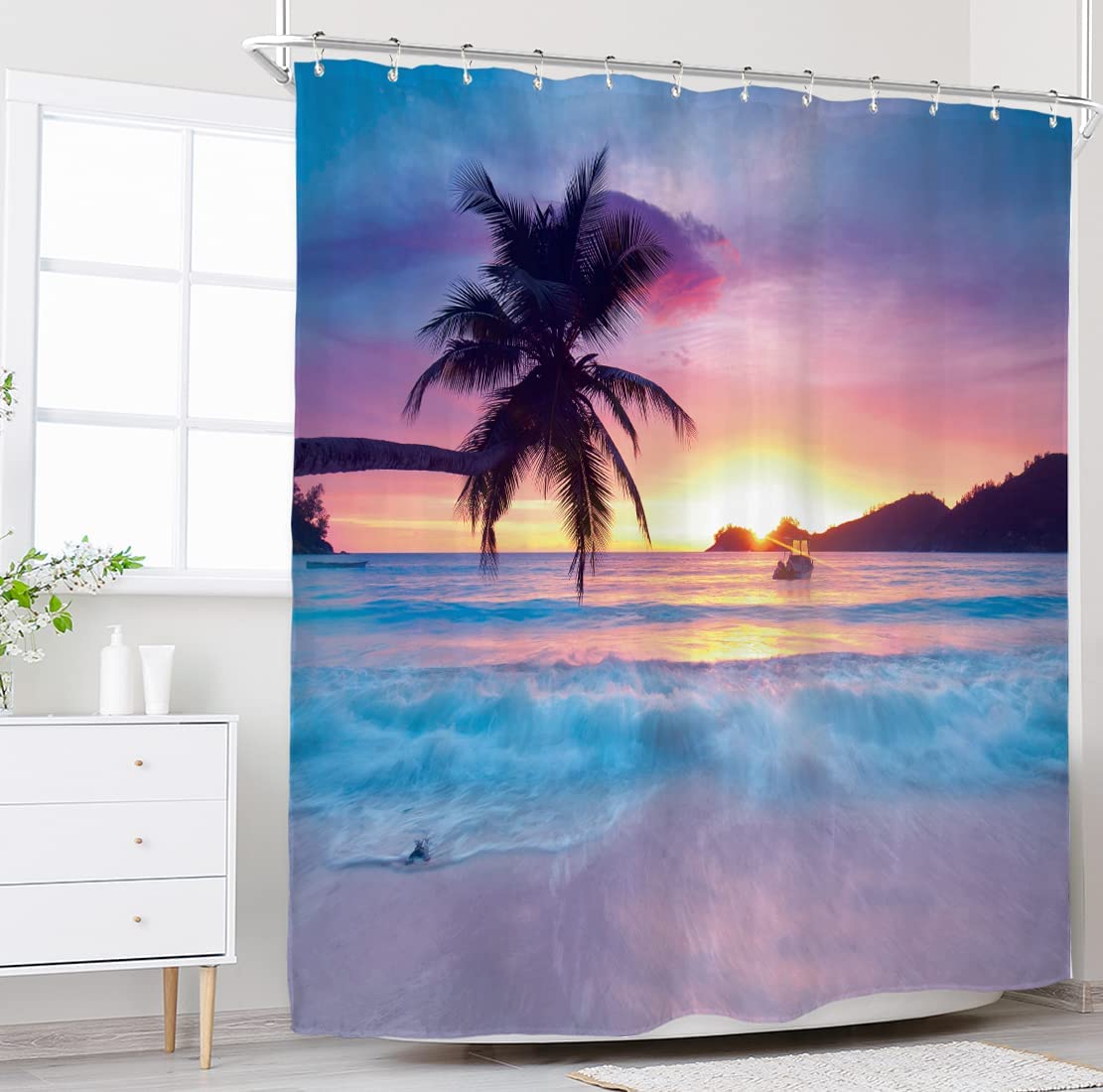 Ocean Sunrise Tropical Palm Tree Hawaiian Sunset Coastal Scenery Print Shower Curtain by Riyidecor