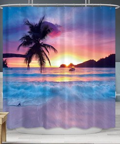 Ocean Sunrise Tropical Palm Tree Hawaiian Sunset Coastal Scenery Print Shower Curtain by Riyidecor