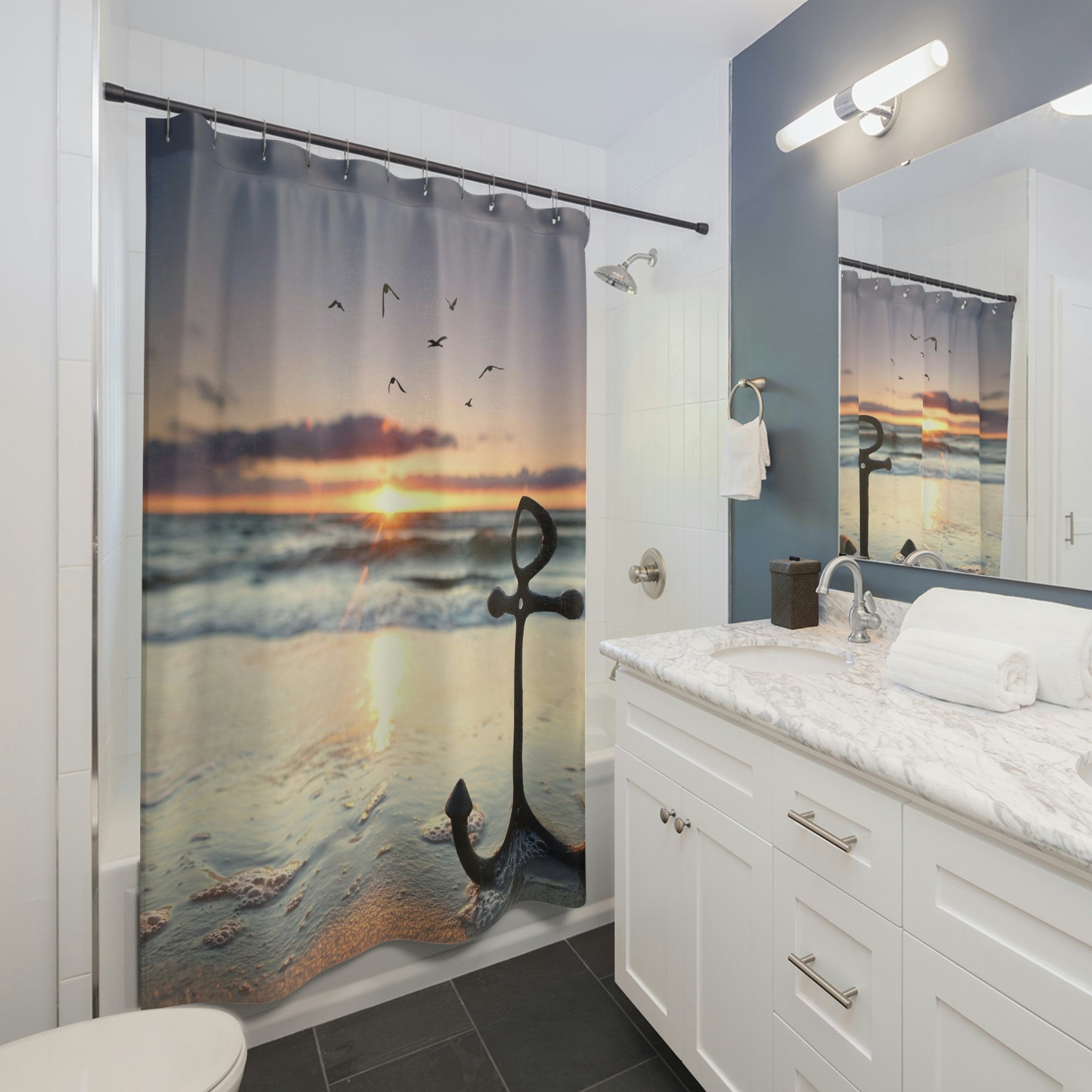 Ocean Sunset Anchor Print Shower Curtain - Image 2
