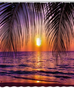 Ocean Sunset Palm Tree Leaves Shower Curtain for Beach Bathroom