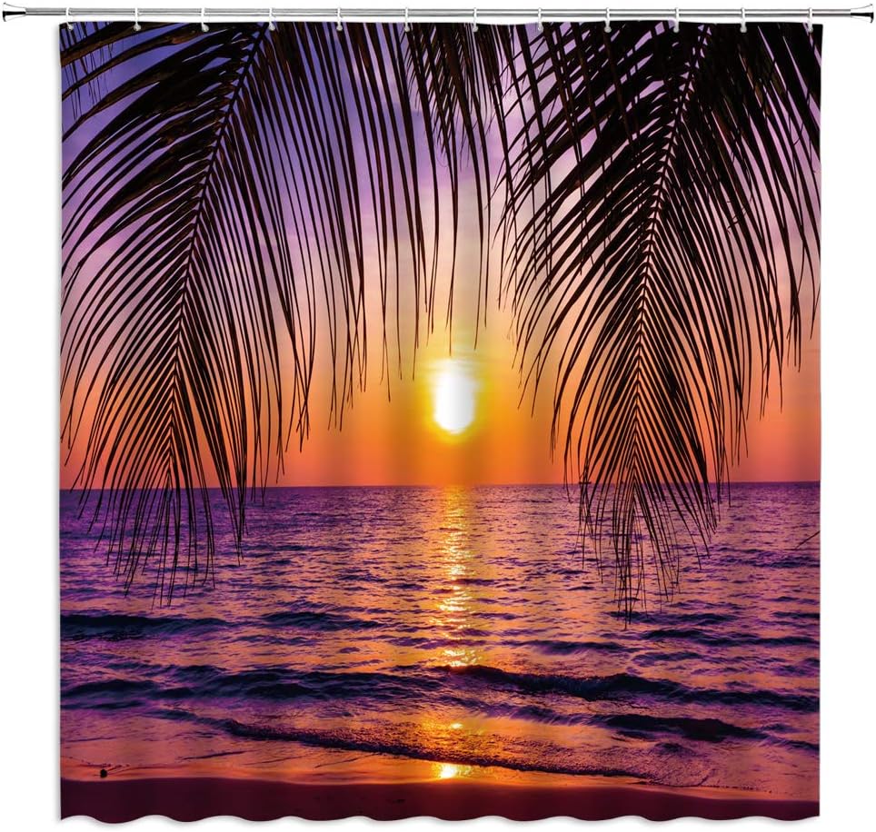 Ocean Sunset Palm Tree Leaves Shower Curtain for Beach Bathroom