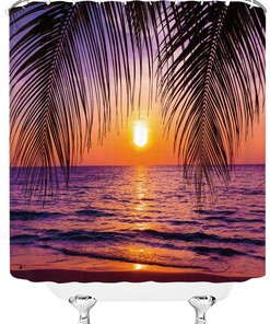 Ocean Sunset Palm Tree Leaves Shower Curtain for Beach Bathroom