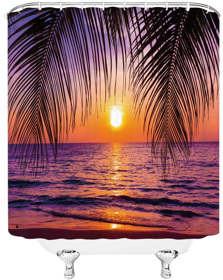 Ocean Sunset Palm Tree Leaves Shower Curtain for Beach Bathroom