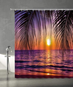 Ocean Sunset Palm Tree Leaves Shower Curtain for Beach Bathroom