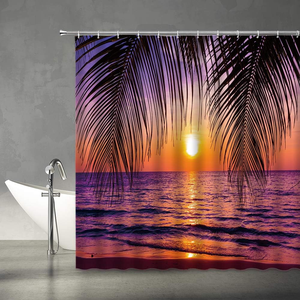 Ocean Sunset Palm Tree Leaves Shower Curtain for Beach Bathroom