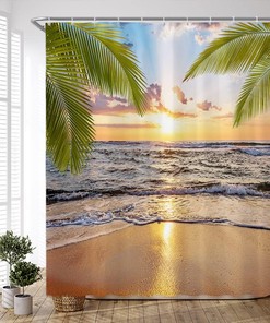 Ocean Sunset Scenery PZMPZM Beach Shower Curtain Set with Tropical Palm Leaves and Sea Waves for Relaxing Bathroom Decor