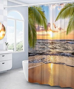Ocean Sunset Scenery PZMPZM Beach Shower Curtain Set with Tropical Palm Leaves and Sea Waves for Relaxing Bathroom Decor