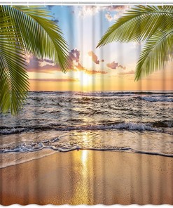 Ocean Sunset Scenery PZMPZM Beach Shower Curtain Set with Tropical Palm Leaves and Sea Waves for Relaxing Bathroom Decor