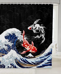 Ocean Surfing Koi Fish Japanese-Style Fabric Shower Curtain with Kids Boys and Adult Design for Bathroom Decor