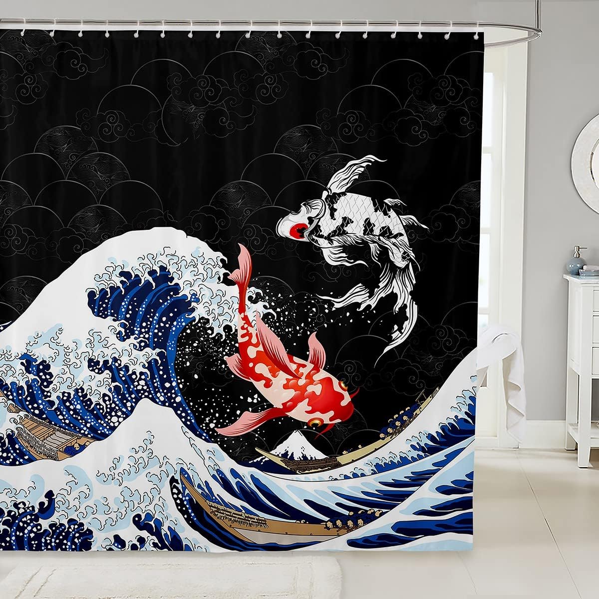 Ocean Surfing Koi Fish Japanese-Style Fabric Shower Curtain with Kids Boys and Adult Design for Bathroom Decor