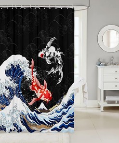 Ocean Surfing Koi Fish Japanese-Style Fabric Shower Curtain with Kids Boys and Adult Design for Bathroom Decor