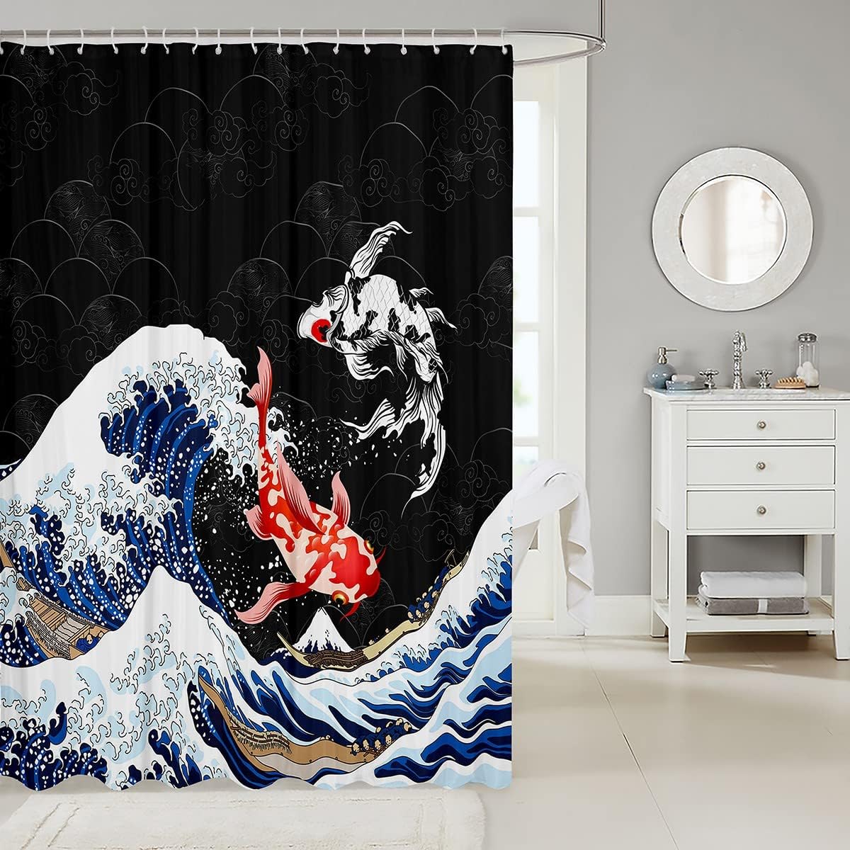Ocean Surfing Koi Fish Japanese-Style Fabric Shower Curtain with Kids Boys and Adult Design for Bathroom Decor