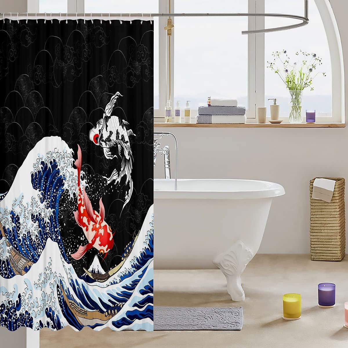 Ocean Surfing Koi Fish Japanese-Style Fabric Shower Curtain with Kids Boys and Adult Design for Bathroom Decor
