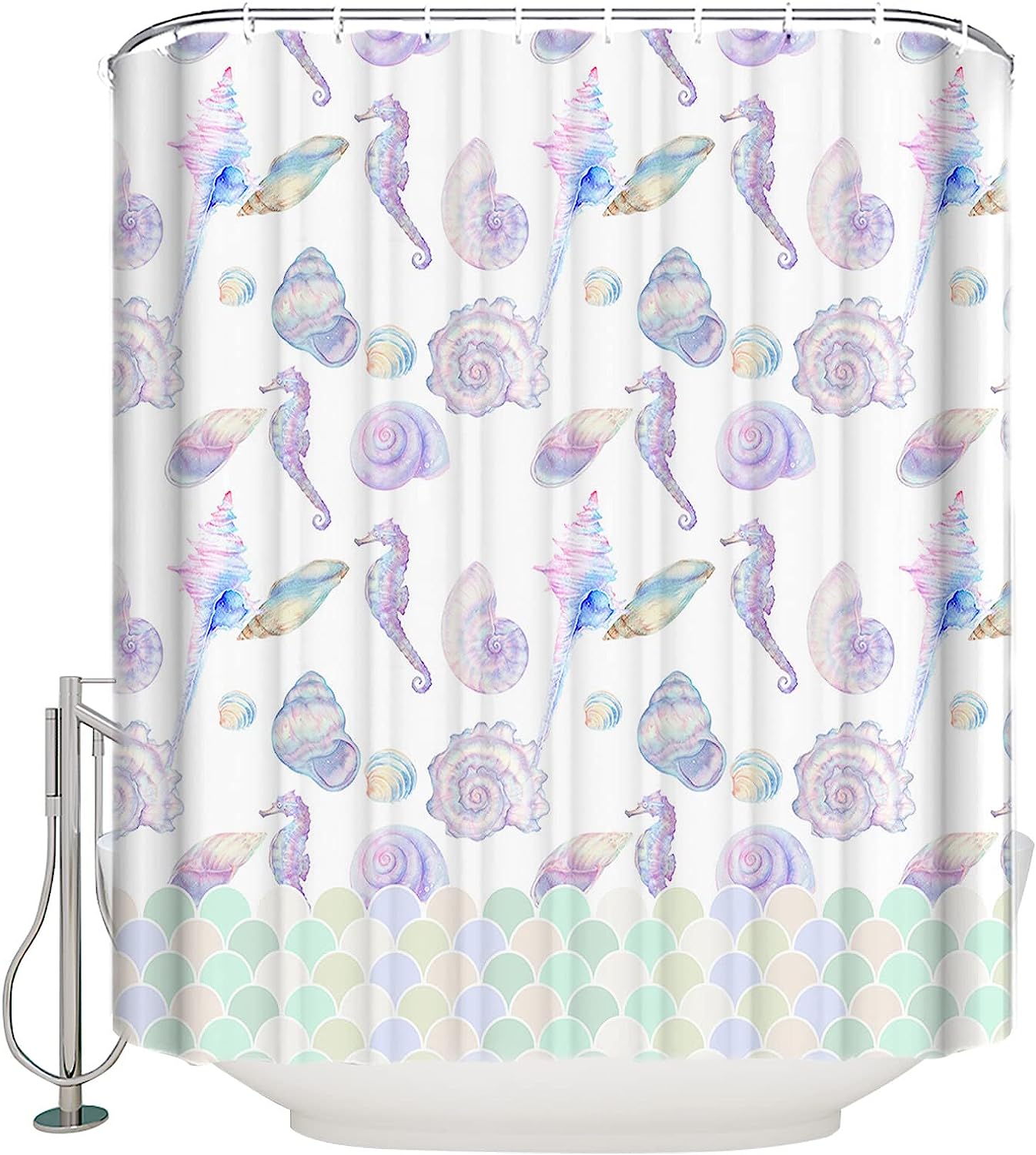 Ocean Theme Fantasy Shower Curtain, Seashell Starfish And Sea Horse Bathroom Decor