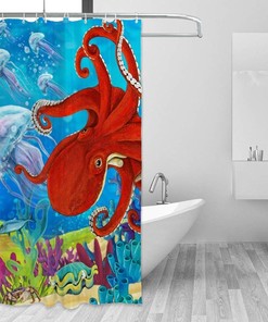 Ocean Theme Octopus, Jellyfish and Coral Printed Waterproof Fabric Shower Curtain